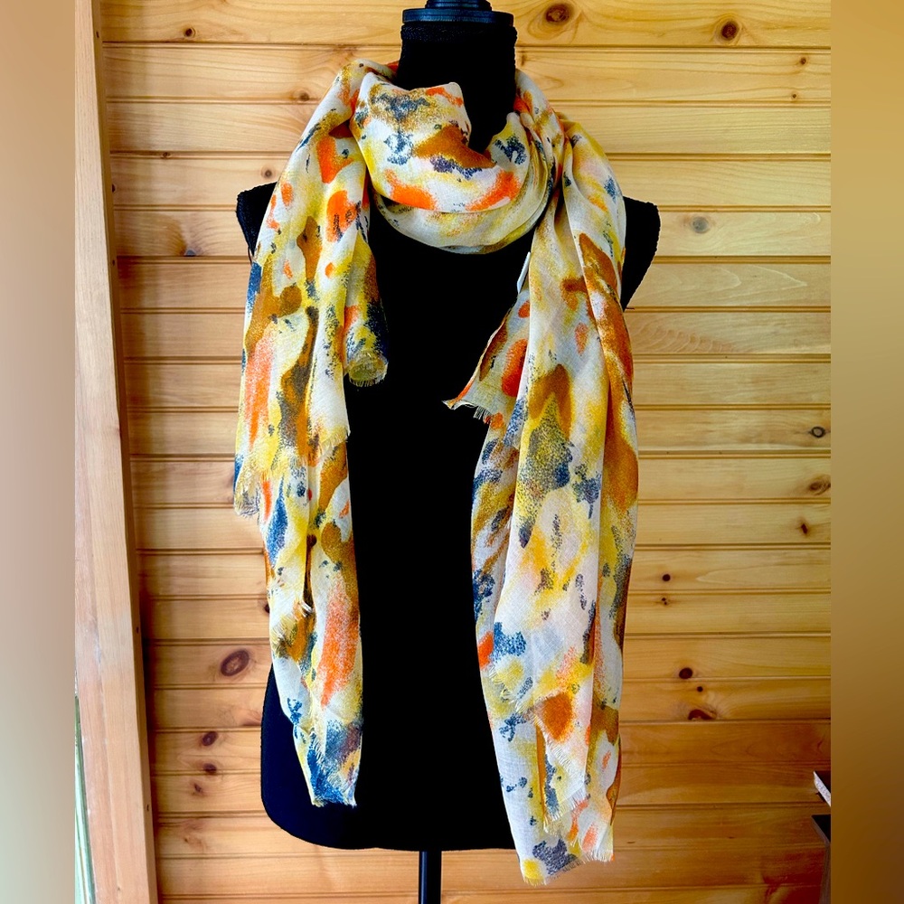 Multicolored sheer orange, yellow, and blue fringed edge fashion scarf